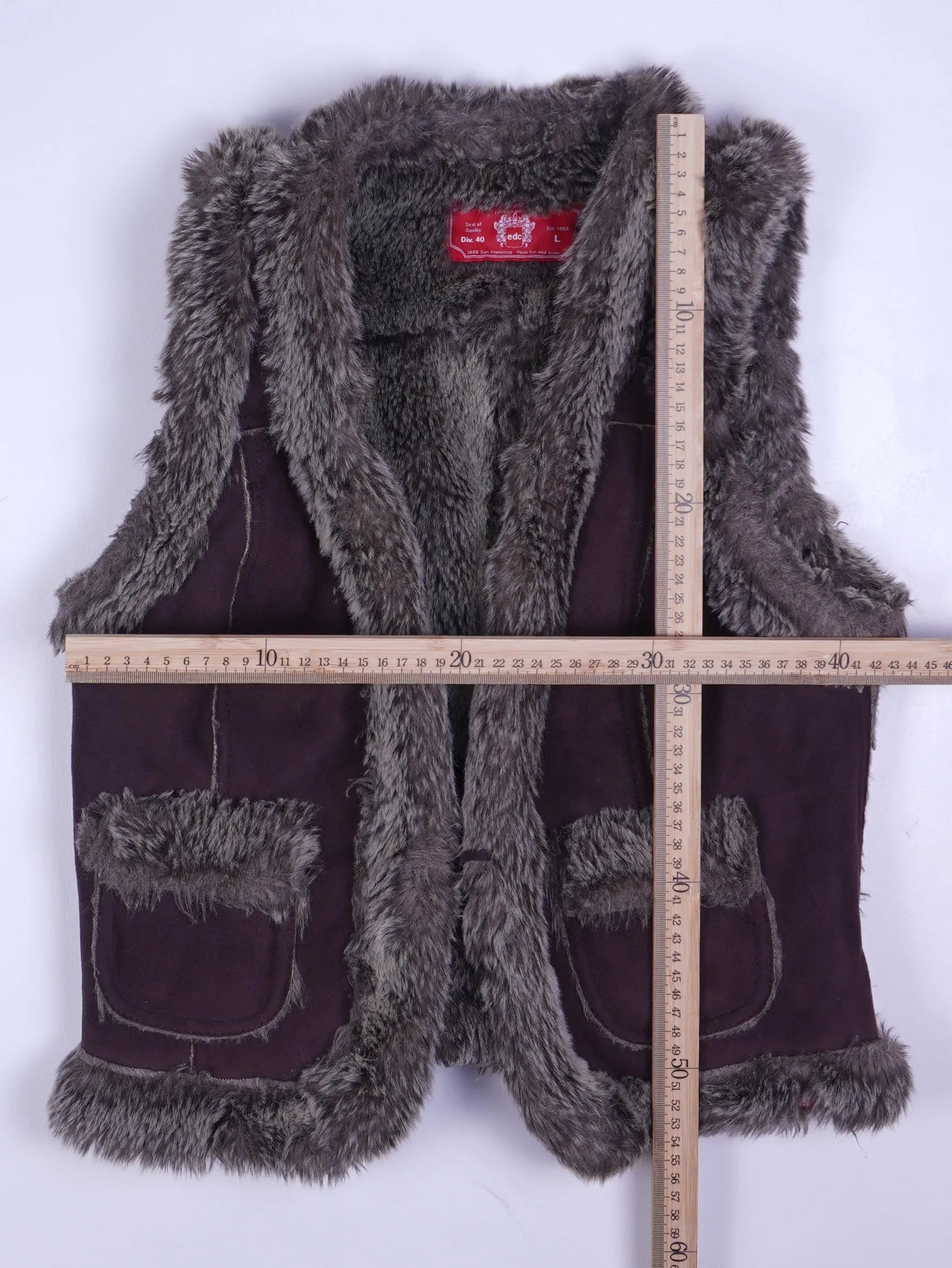 Vintage Weste Dunkellila / Aubergine Mit Grauem Kunstfell
