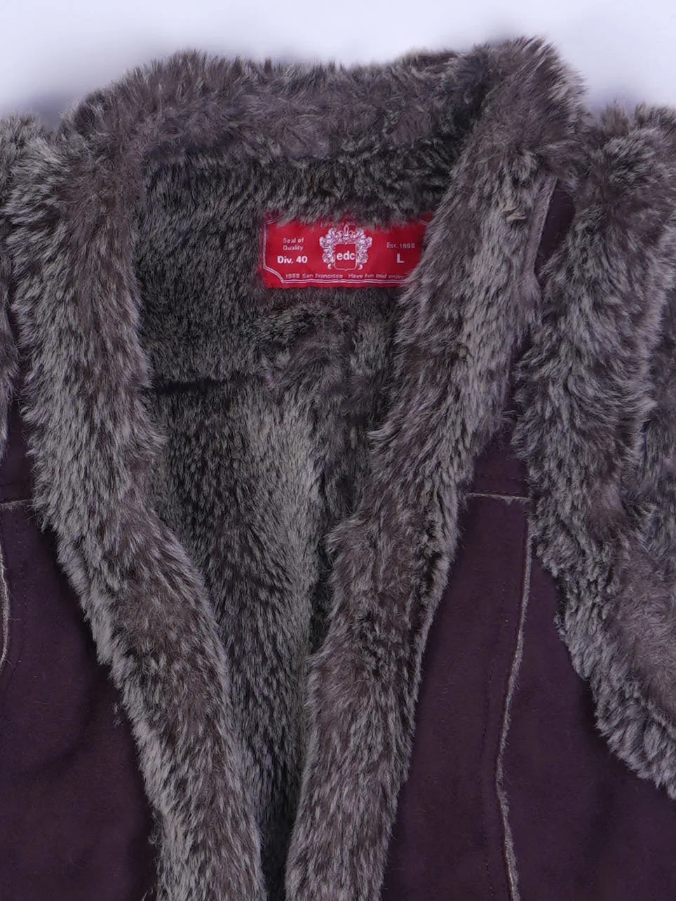 Vintage Weste Dunkellila / Aubergine Mit Grauem Kunstfell