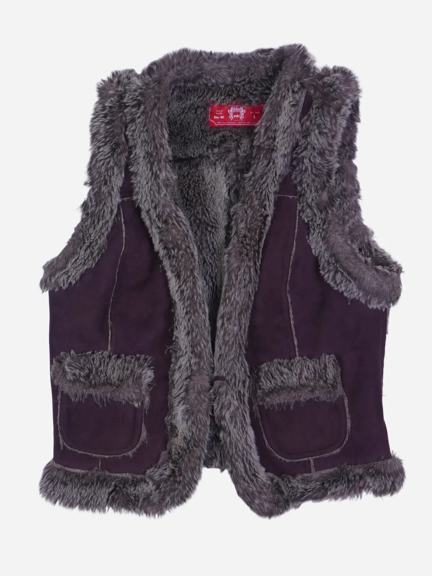 Vintage Weste Dunkellila / Aubergine Mit Grauem Kunstfell