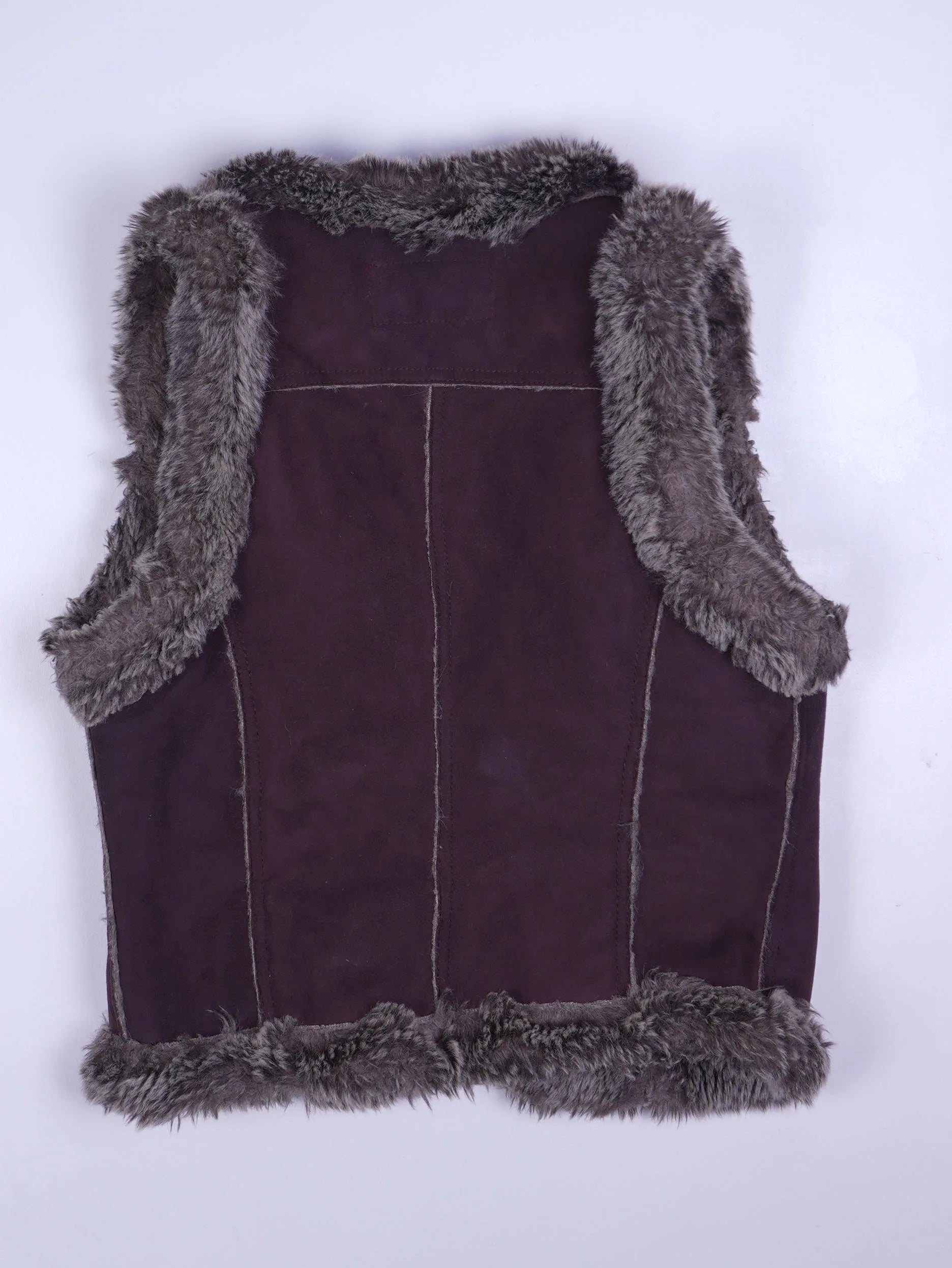 Vintage Weste Dunkellila / Aubergine Mit Grauem Kunstfell