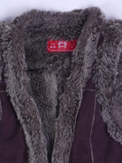 Vintage Weste Dunkellila / Aubergine Mit Grauem Kunstfell