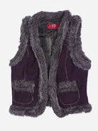 Vintage Weste Dunkellila / Aubergine Mit Grauem Kunstfell