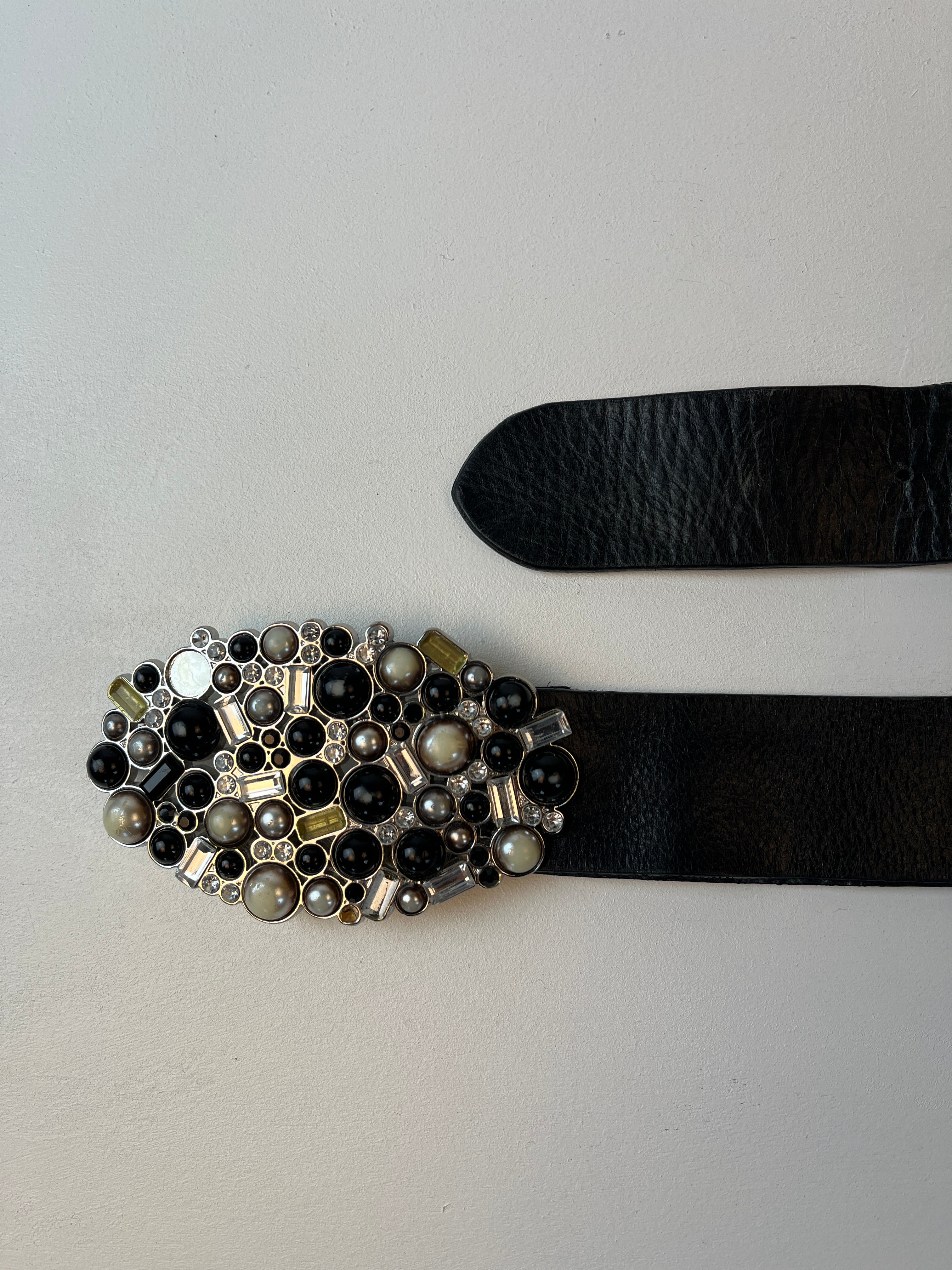 Vintage Leder Strass Gürtel Schwarz